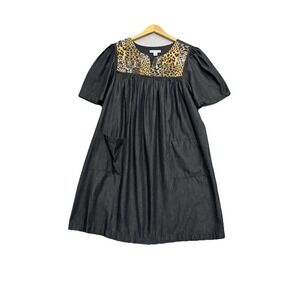 GO SOFTLY Patio House Dress Black Denim Animal Print Bib Pockets Mumu Dress L